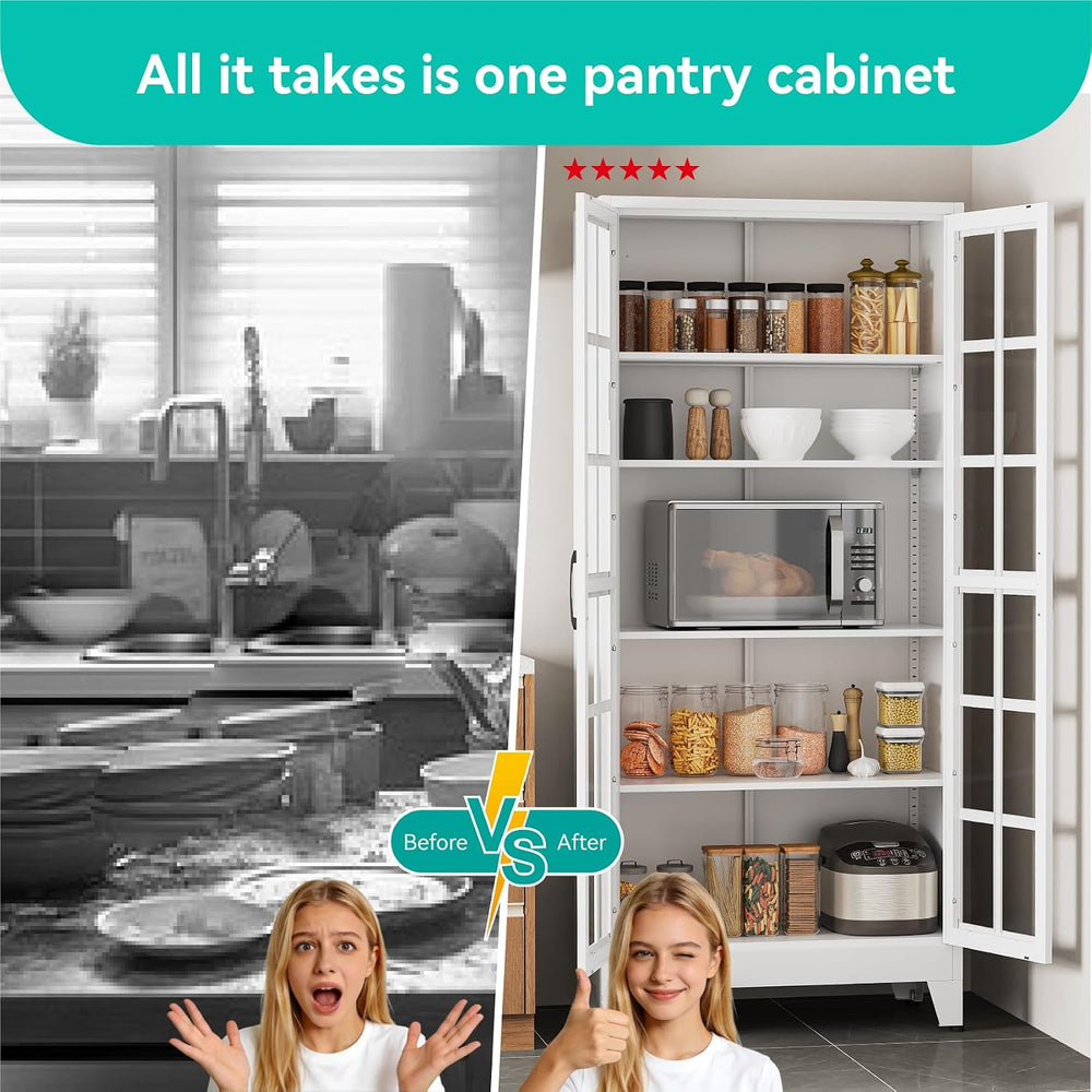 Metal Storage Cabinet with Glass Doors and Adjustable Shelves
