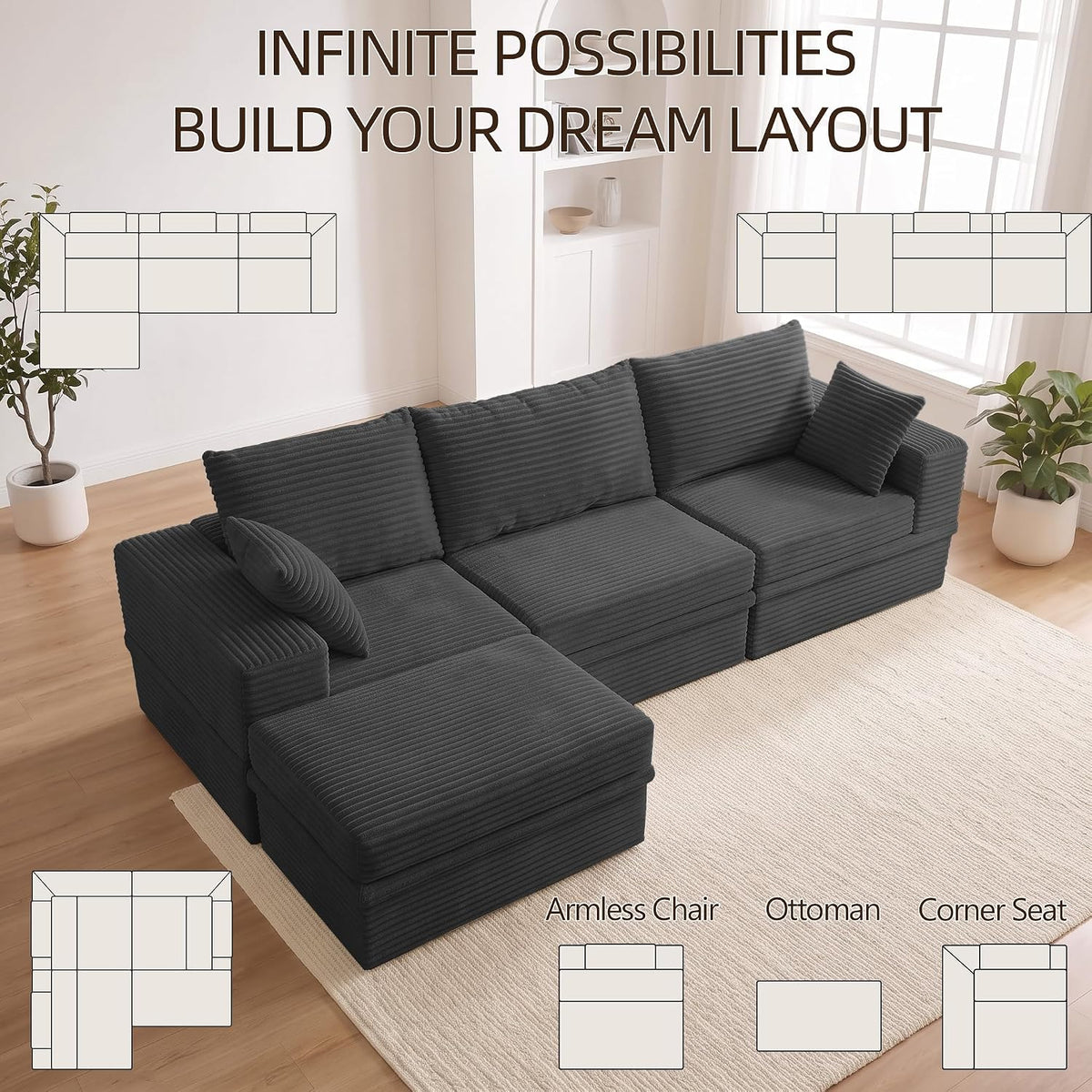 107" L-Shaped Modular Sectional Sofa with Movable Ottoman, Oversized Boneless Couch with Storage for Living Room, Corduroy Cloud Couch with High-Back Extra Deep Seats, No Assembly, Dark Grey
