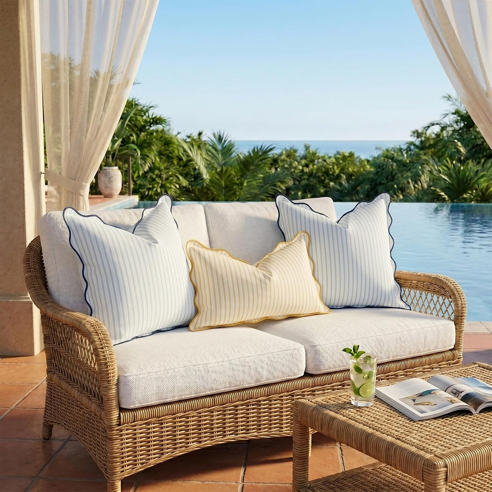DEZENE 18x18 Blue Outdoor Pillow Covers Pack of 2, Striped Scalloped Coastal ...