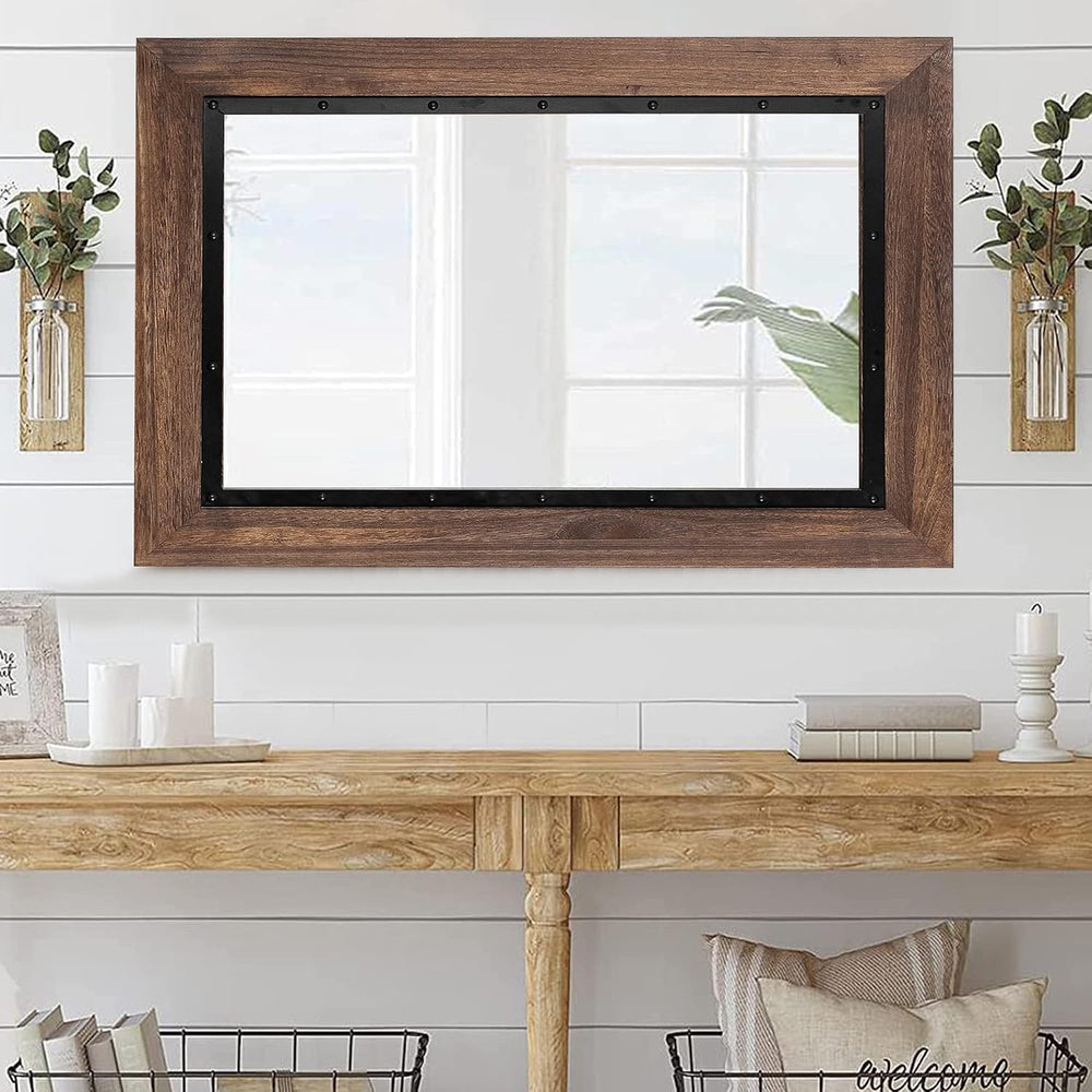 YOSHOOT Rustic Wooden Framed Wall Mirror, 40"x30", Natural Wood and...