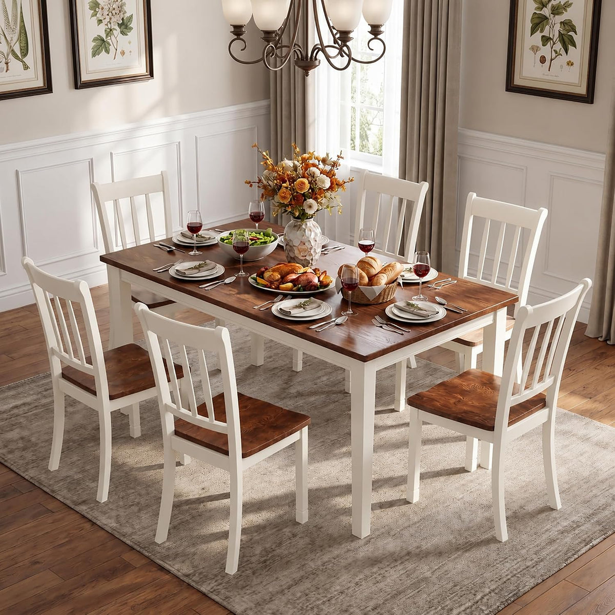 POWERSTONE Dining Chairs Set of 6, Rubberwood Kitchen Chairs, White