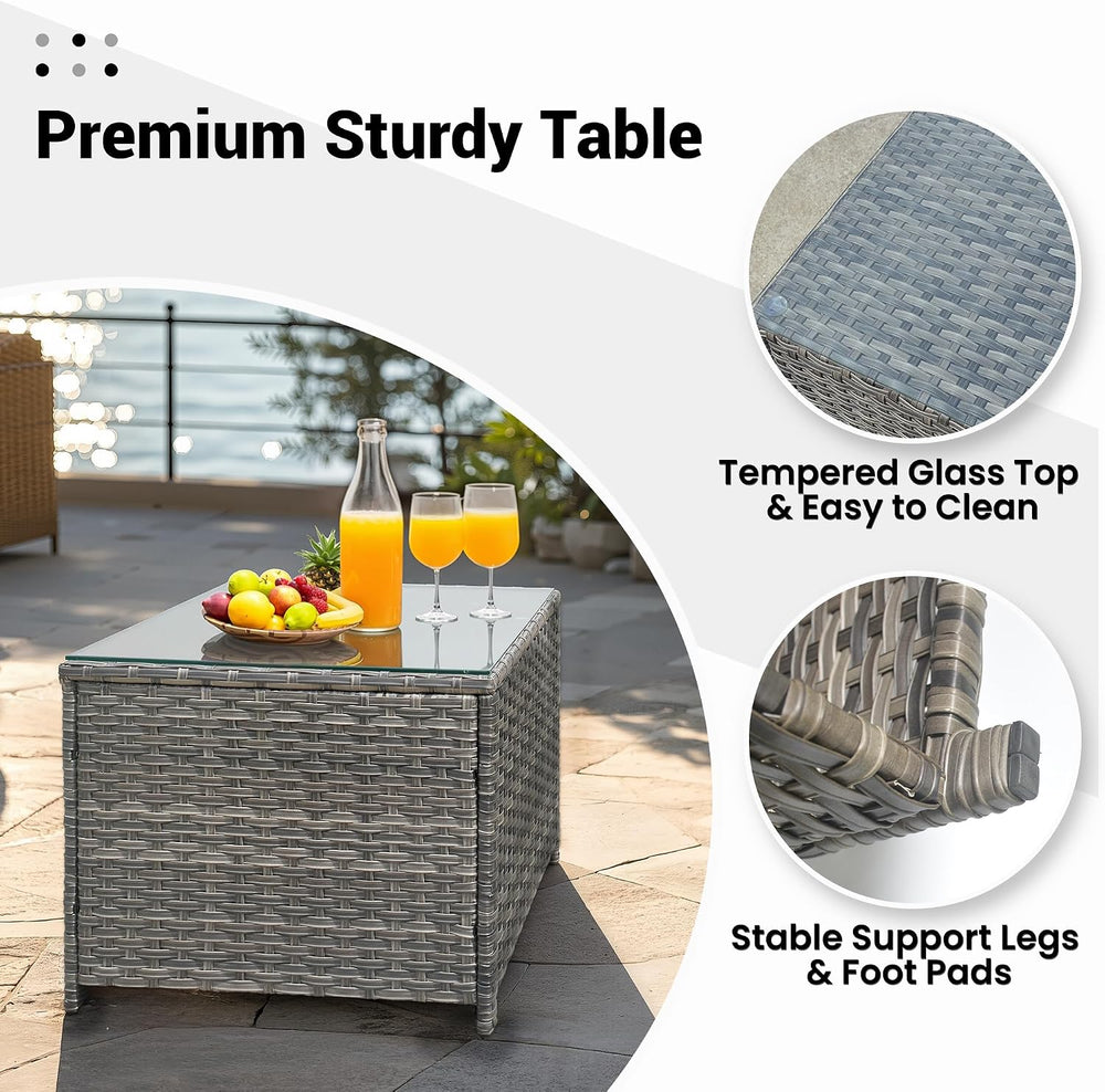 ovios Outdoor Side Table with Tempered Glass Top, Patio Wicker Coffee Table, ...