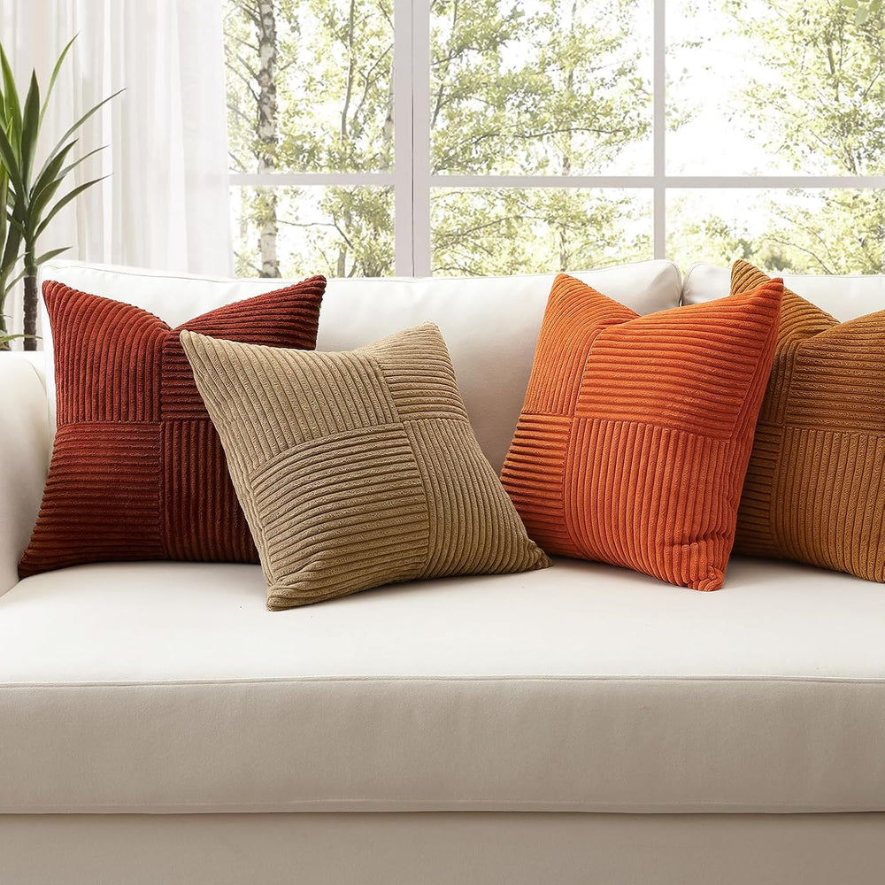 OTOSTAR Set of 4 Decorative Throw Pillow Covers Soft Striped Corduroy Boho Sq...