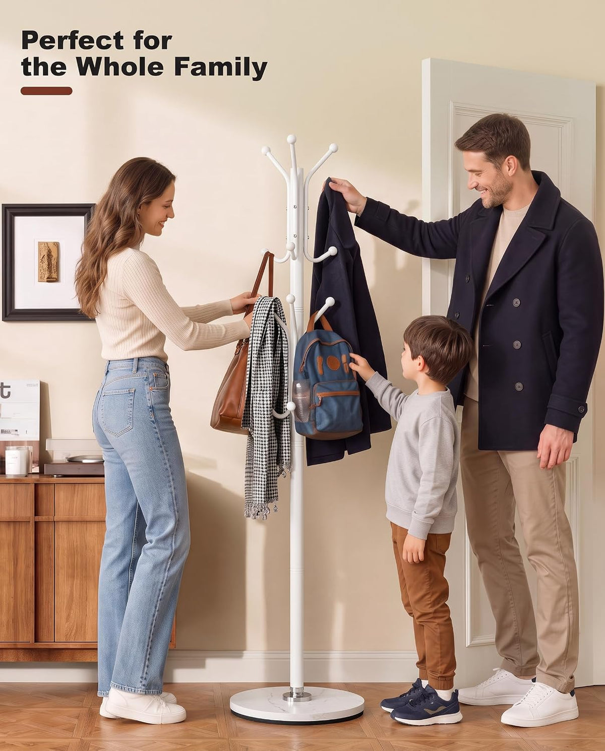 Coat Rack with 12 Hooks, Freestanding Coat Tree with Sintered Stone Base, Sturdy Metal Coat Stand for Hats, Purses & Jackets, Ideal for Entryway, Bedroom, Office & Closet, 11.4" x 11.4" x 68.1", White