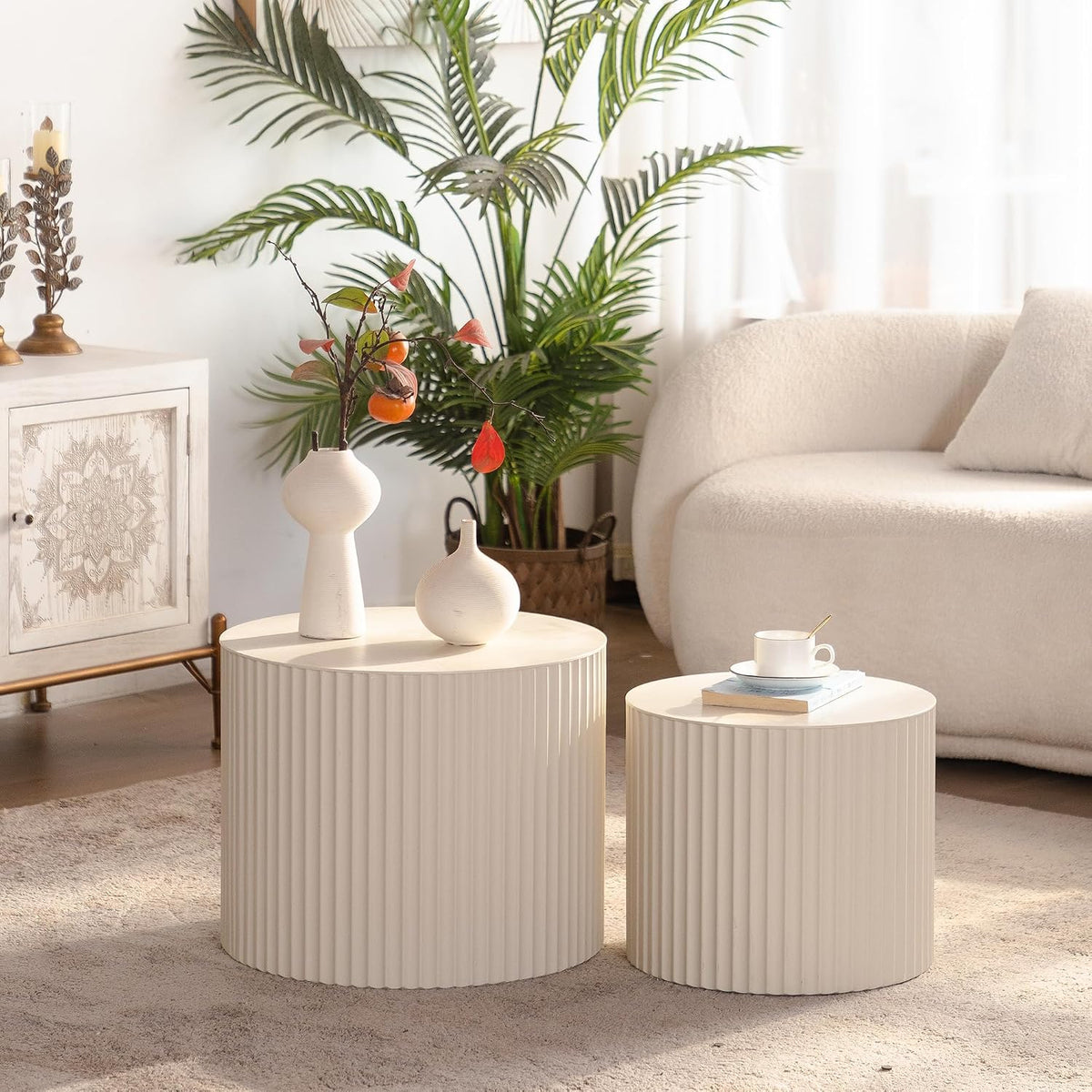 Nesting Round Coffee Table Set of 2, Accent End Table for Small Spaces, Morden Drum Side Table, Wooden Circle Center Table for Living Room, Fully Assembled - Cream White