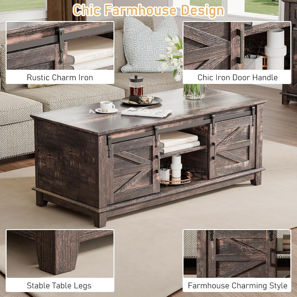 LUXOAK 48" Farmhouse Coffee Table with Sliding Barn Doors, Dark Rustic Oak