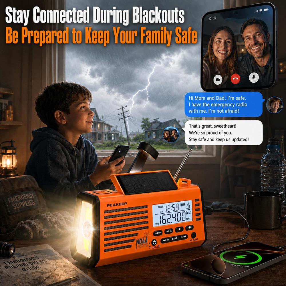 Peakeep Emergency Radio NOAA Weather Alert Battery Solar Crank Powered