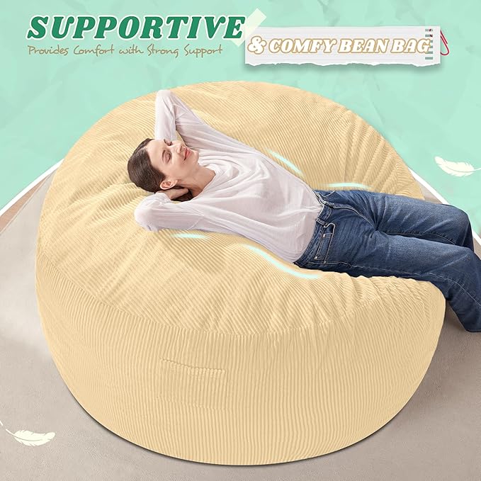 HABUTWAY 4FT Bean Bag Chair,Giant Bean Bag Chairs for Adults,Big Bean Bags with Memory Foam Filled, Large Beanbag Chairs with Soft Corduroy Cover-Khaki