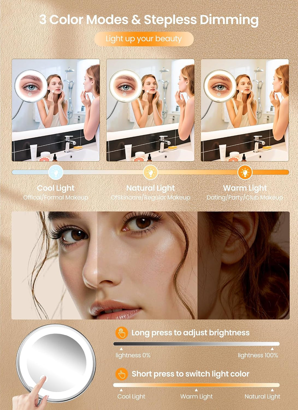 10x Makeup Mirror with Lights, Magnifying Mirror 3 Light Modes Silver