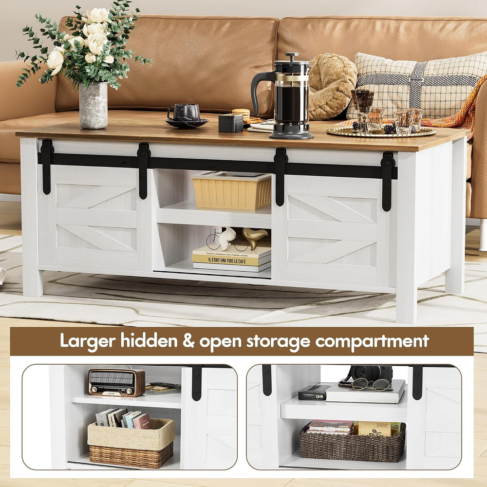JUMMICO Farmhouse Coffee Table with Storage & Sliding Barn Doors, Modern ...