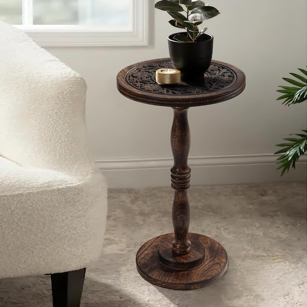 Mango Wooden Accent Table 12x22 Round Handcrafted Carved Side Table