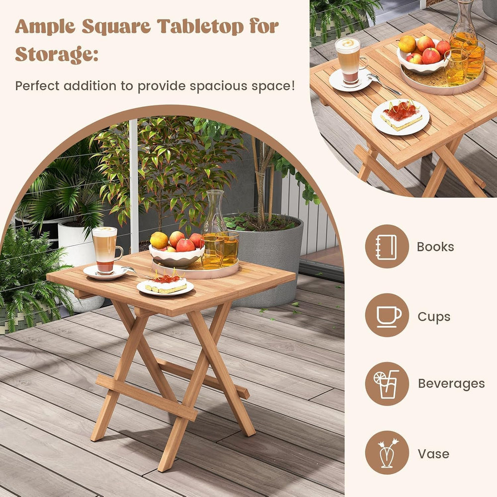 HAPPYGRILL Square Folding Patio Side Table Set of 2, Indonesia Teak Wood Dini...
