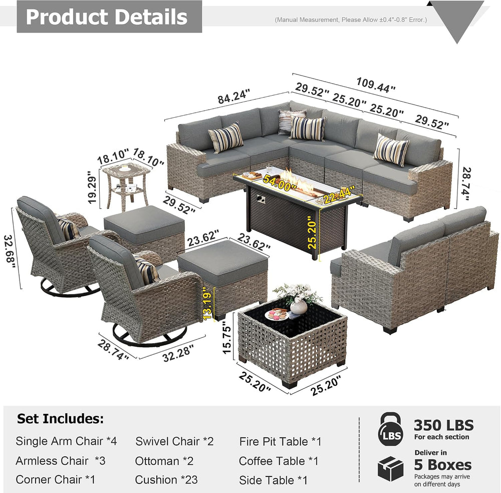HOOOWOOO Outdoor Sectional Patio Furniture Set with Fire Pit Table,15 Pieces ...