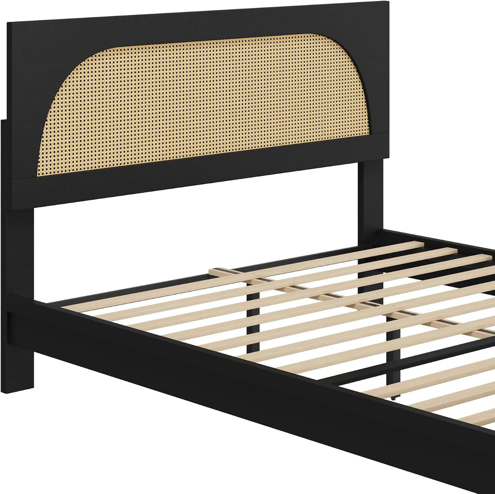 KISLOT Rattan Bed Frame with 2 Nightstands, Boho Platform, Black, Queen