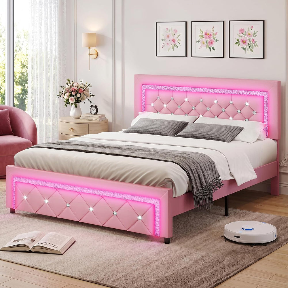 BarnFurin Full Bed Frame with LED Lights, Diamond Tufted Headboard, Pink