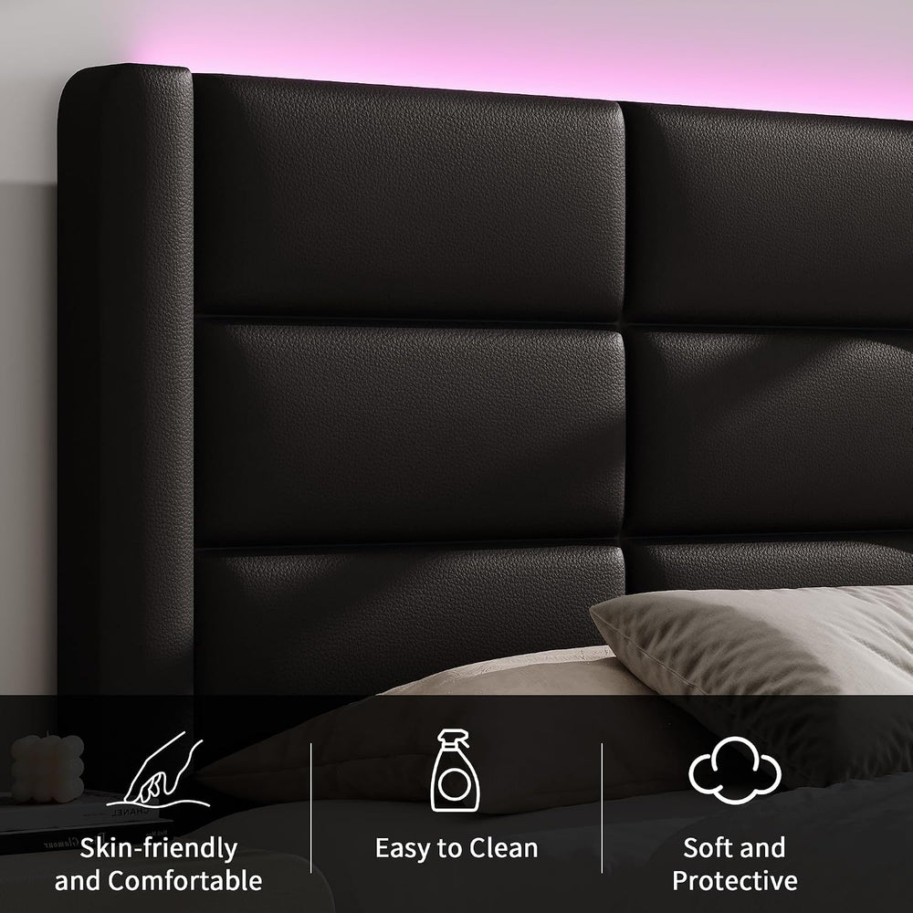 Queen Upholstered Bed Frame with Headboard and LED Lights, Modern Faux Leathe...