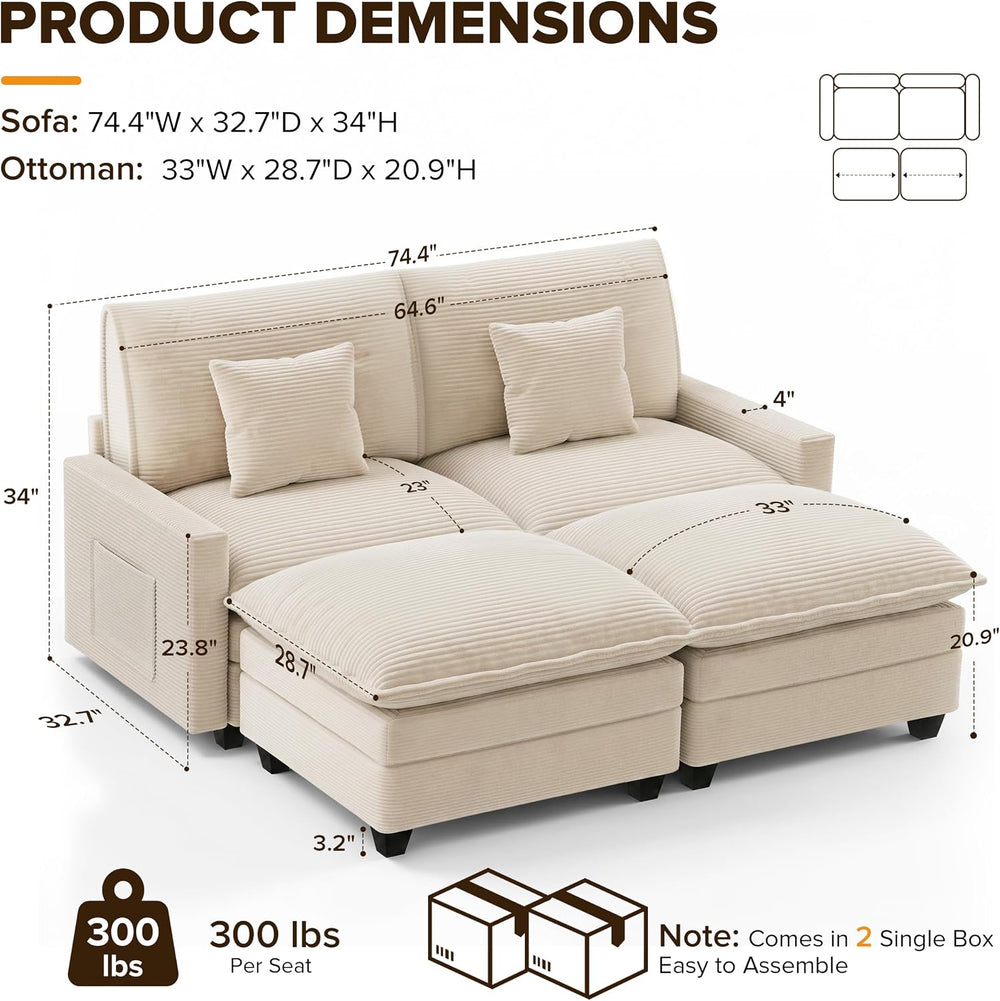 74" Cloud Loveseat with 2 Movable Ottoman, Deep Seat Modular Sectional Sofa