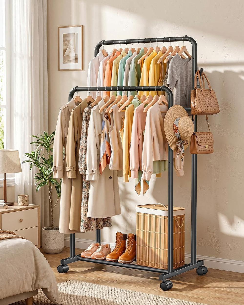 Delamu Clothes Rack Double Rods, Black, 65''Hx32''W