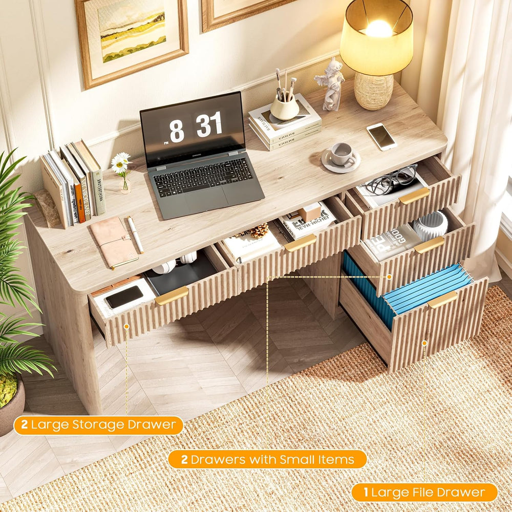 Vabches 59" Fluted Executive Desk with Adjustable File Drawer, Oak