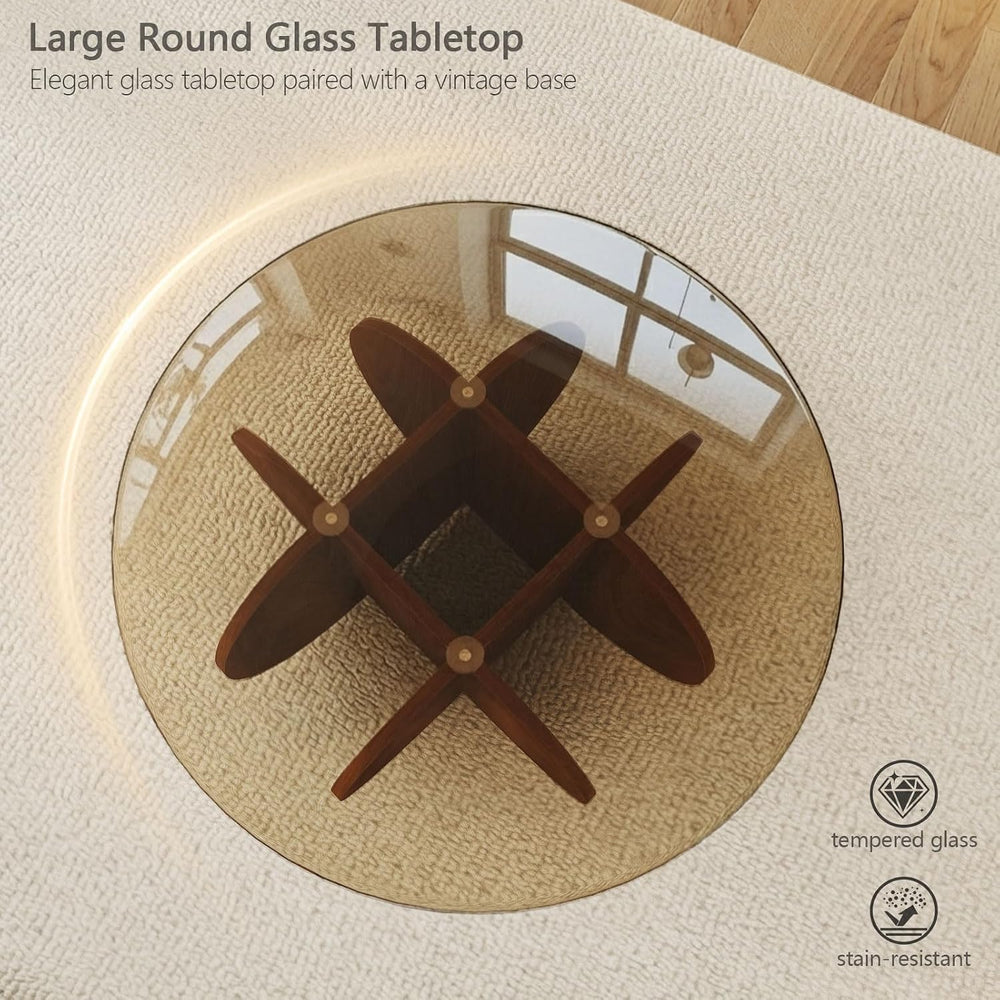 Pumpkin-Shaped Coffee Table with MDF Frame & Amber Tempered Glass Top