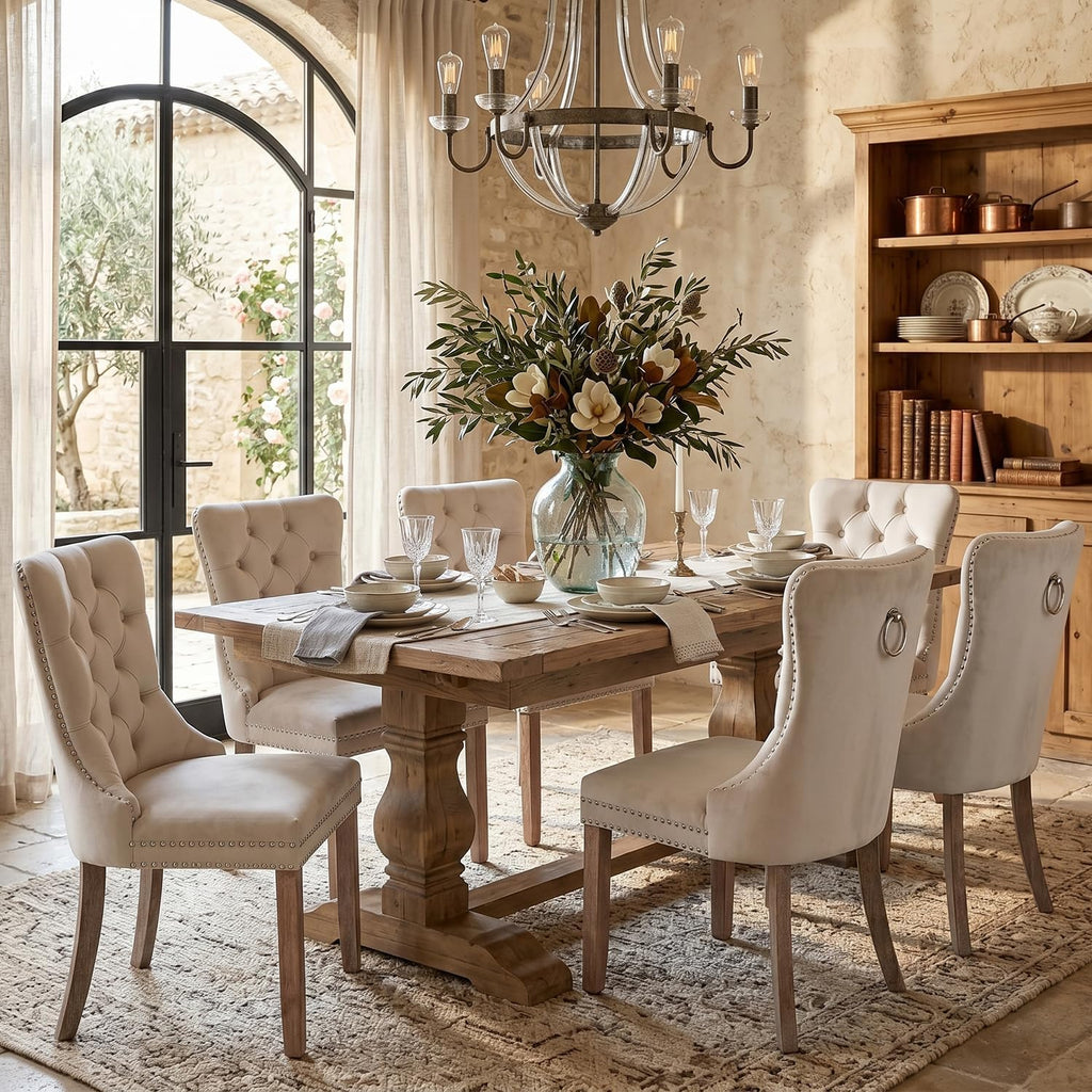 SoarFlash Velvet Dining Chairs Set of 6, Tall Back Side Chair, Modern Upholstered High-end Tufted Side Chair with Button Back Ring, Solid Wood Legs (Beige)