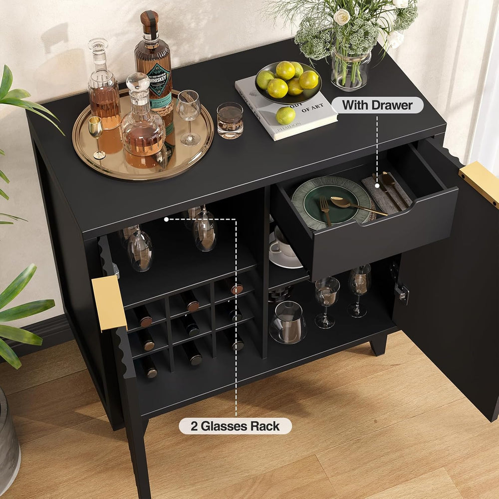 Vabches Modern Fluted Coffee Bar Cabinet with Removable Wine Rack, Black