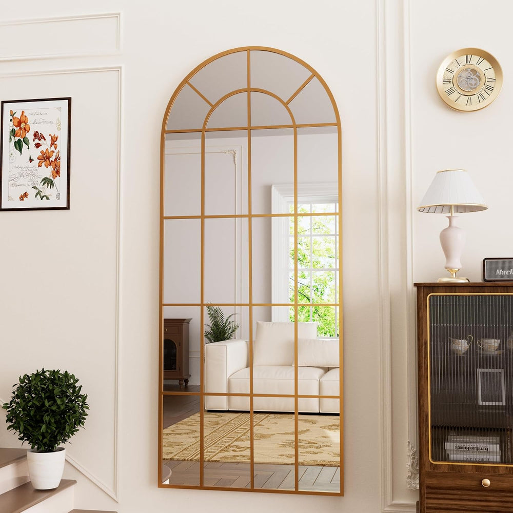HARRITPURE Arched Full Length Mirror 71"x30" Gold Windowpane Floor ...