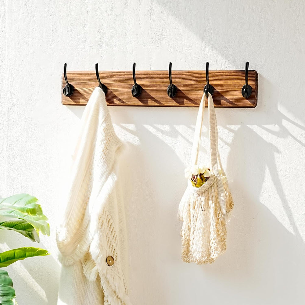 Dseap Coat Rack Wall: 24" Long, Patented, Heavy-Duty, 6-Double-Hooks Woo...