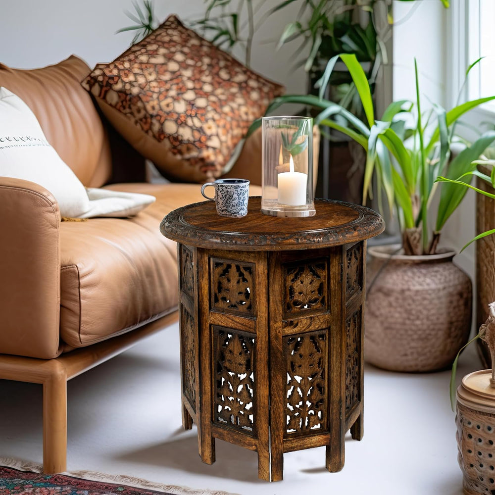 COTTON CRAFT Solid Wood End Table - Hand Carved Folding Accent Side Table