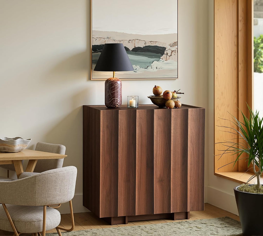 win2win 30.8" Sideboard Buffet Cabinet with Storage, Walnut, Wave Design
