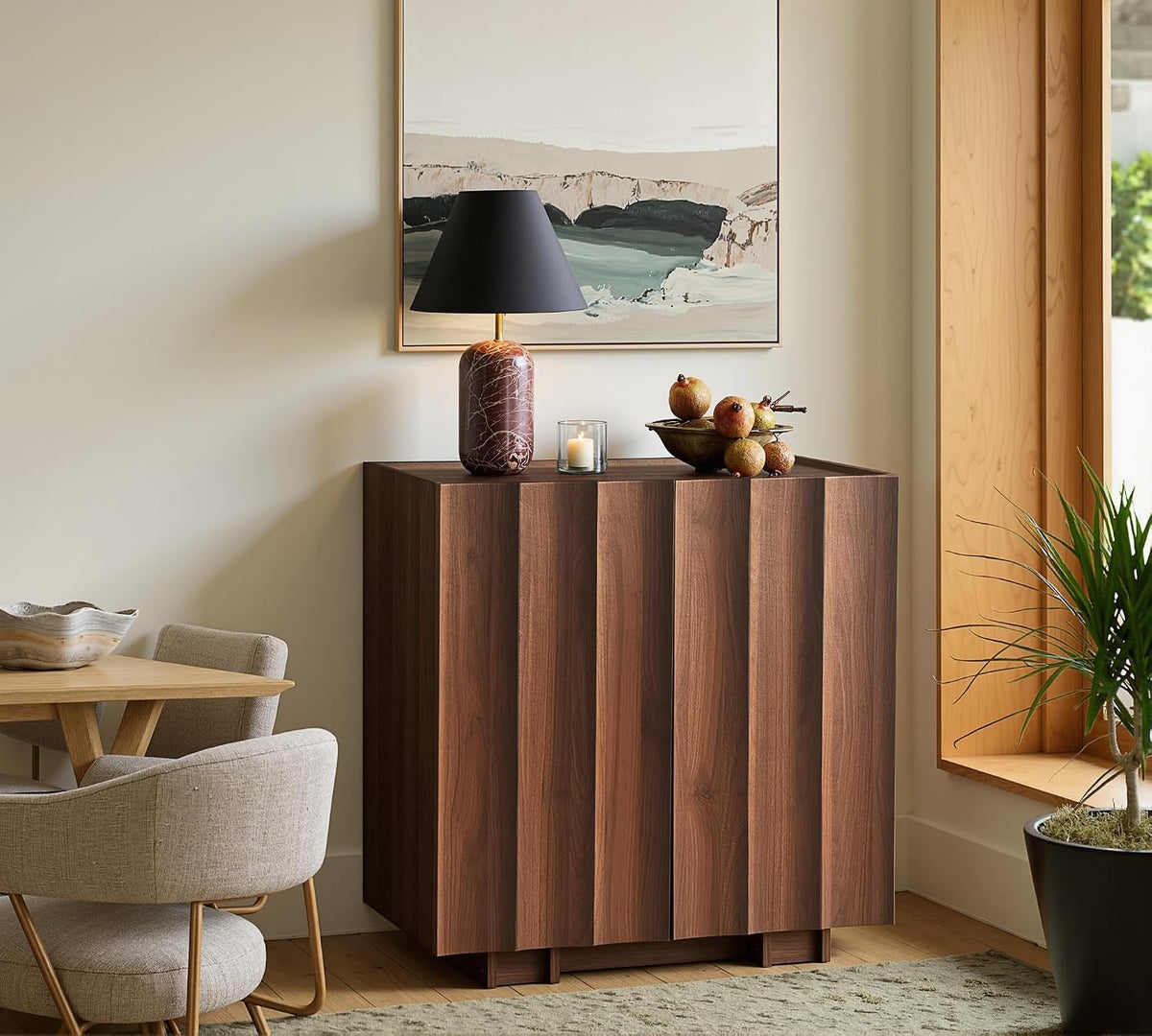 win2win 30.8" Sideboard Buffet Cabinet with Storage, Walnut, Wave Design