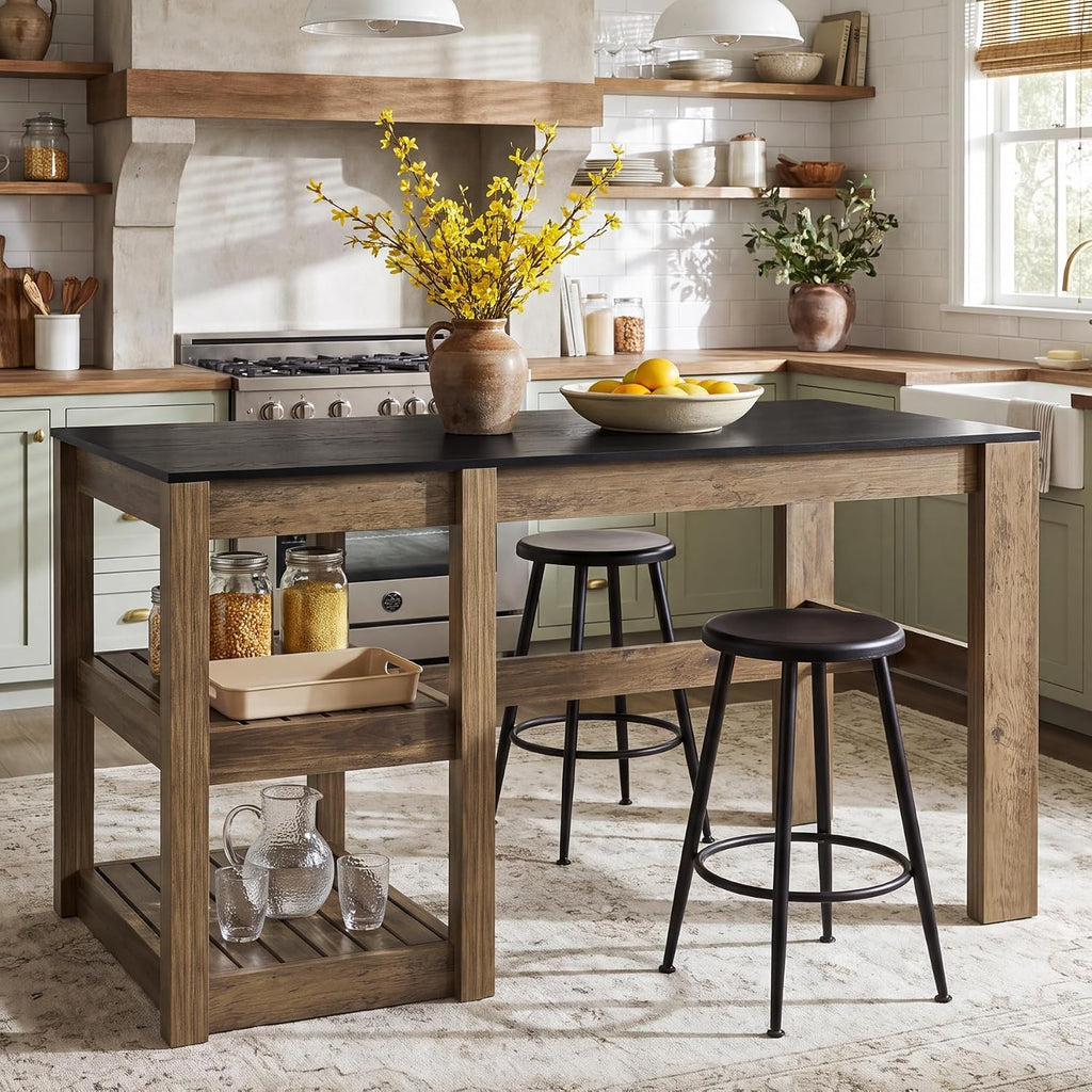 Tribesigns 55" Kitchen Island with Storage Shelves, Rustic Brown and Black | Farmhouse Wood Stationary Island Table for Dining/Living Room, Kitchen, 2-Tier, Spacious Countertop, Easy to Assemble