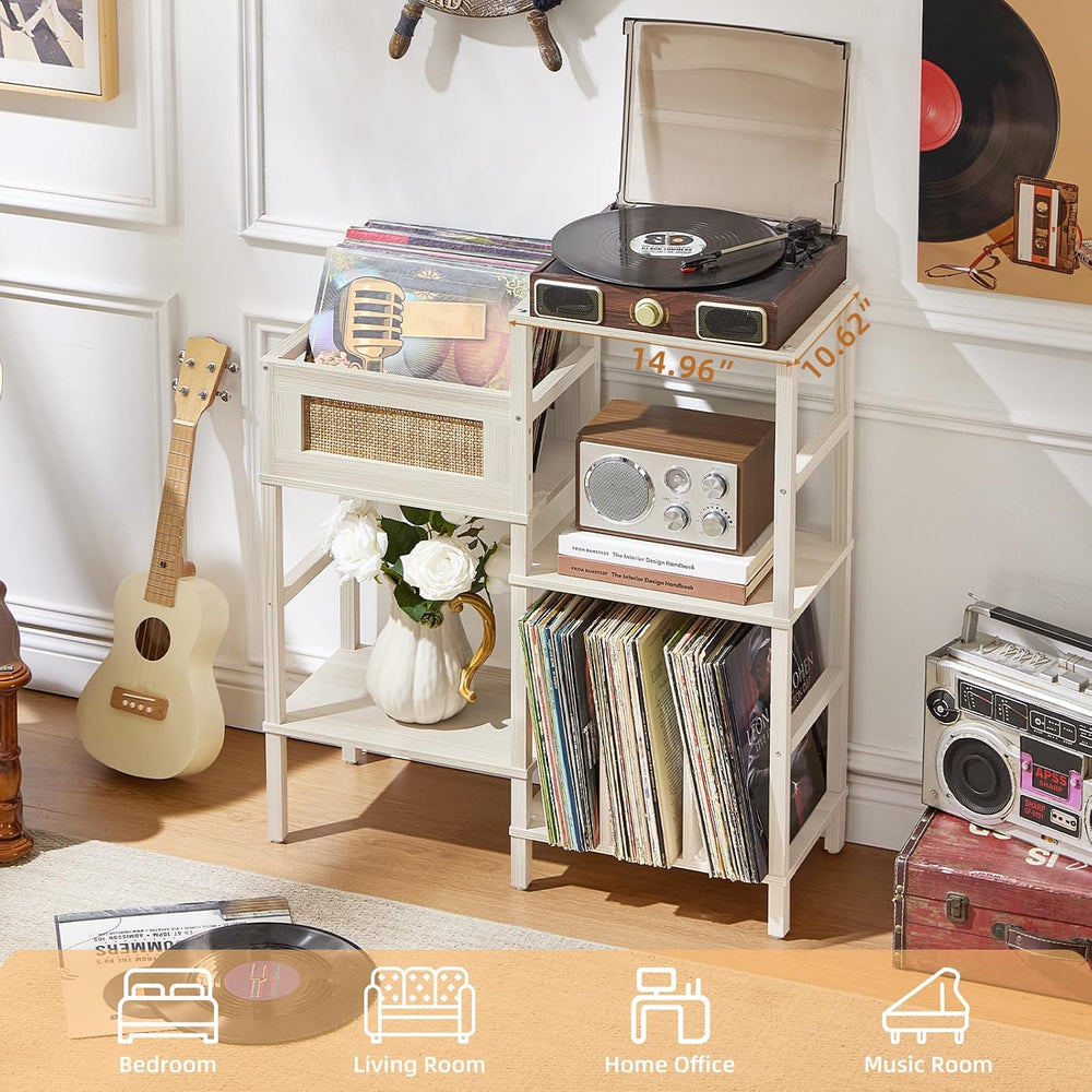 LELELINKY Record Player Stand, White Cream Oak Wood Record Holder with Vinyl ...