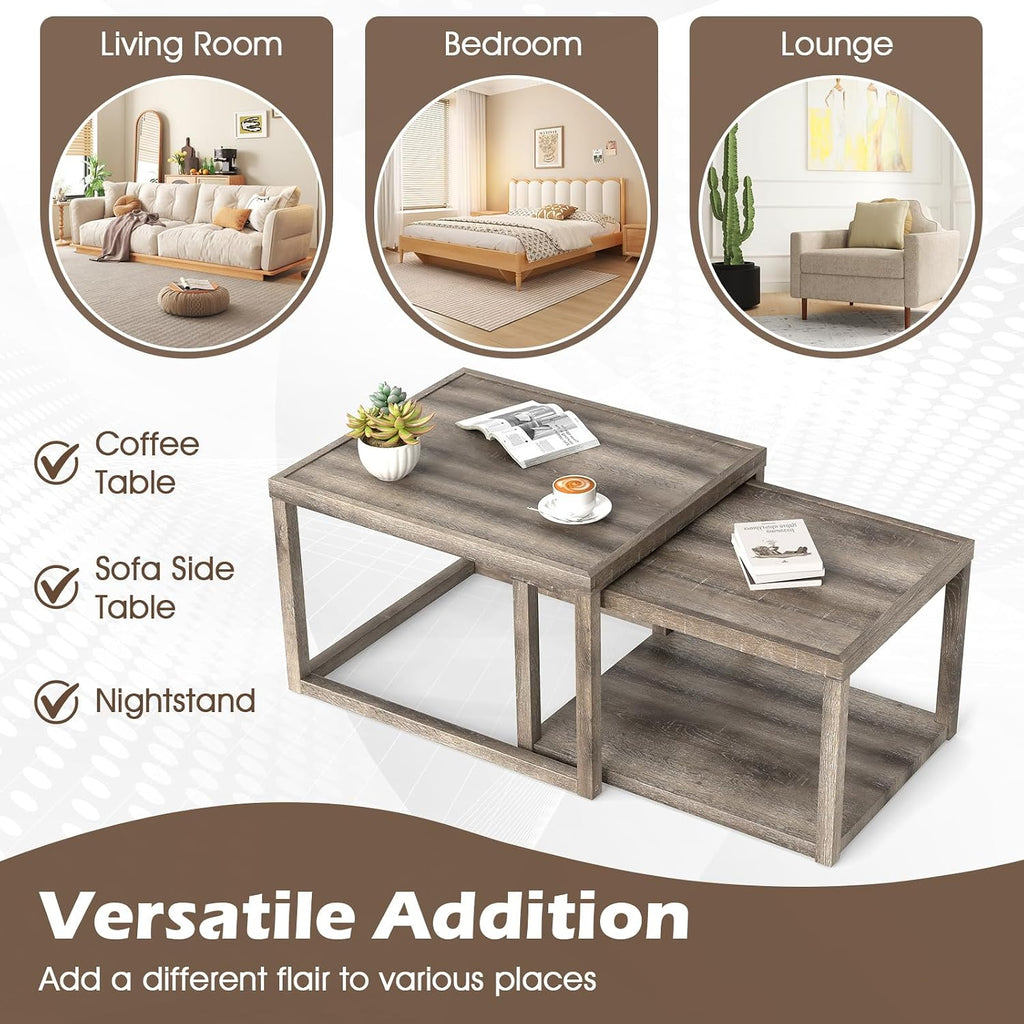 GOFLAME Nesting Coffee Tables Set of 2, Stackable Rectangular Center Table with Storage Shelf, Solid Rubber Wood Frame, Farmhouse Accent Tea Table for Living Room, Small Space, Gray Oak