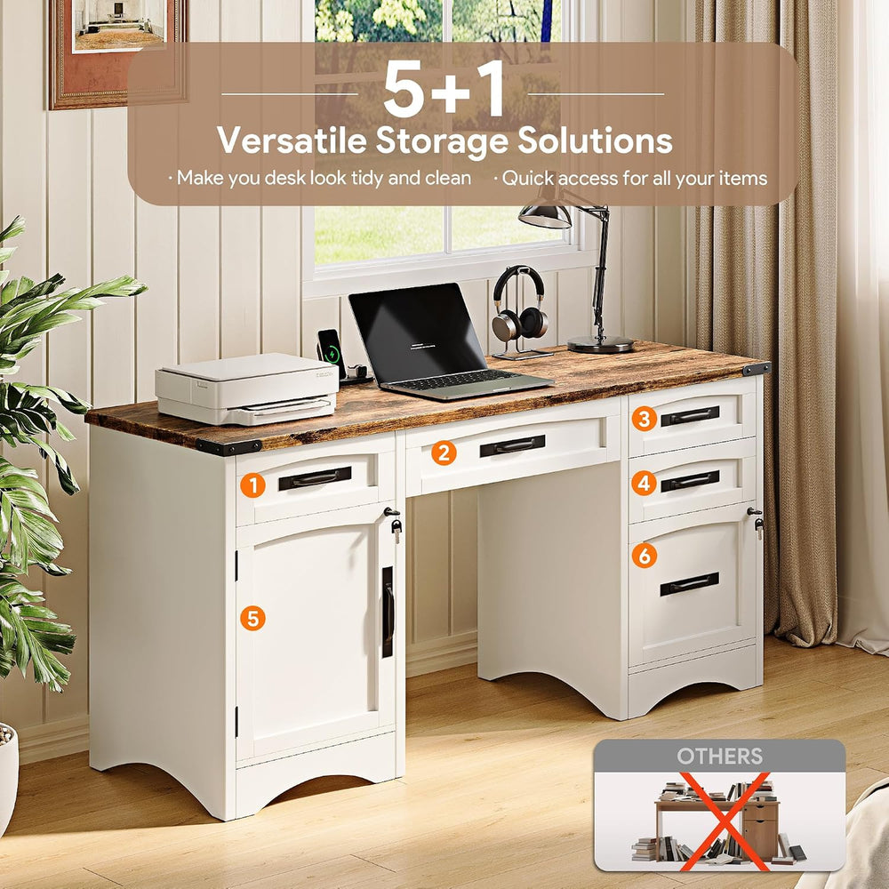 Decofy 55" Farmhouse Executive Desk with Drawers, White