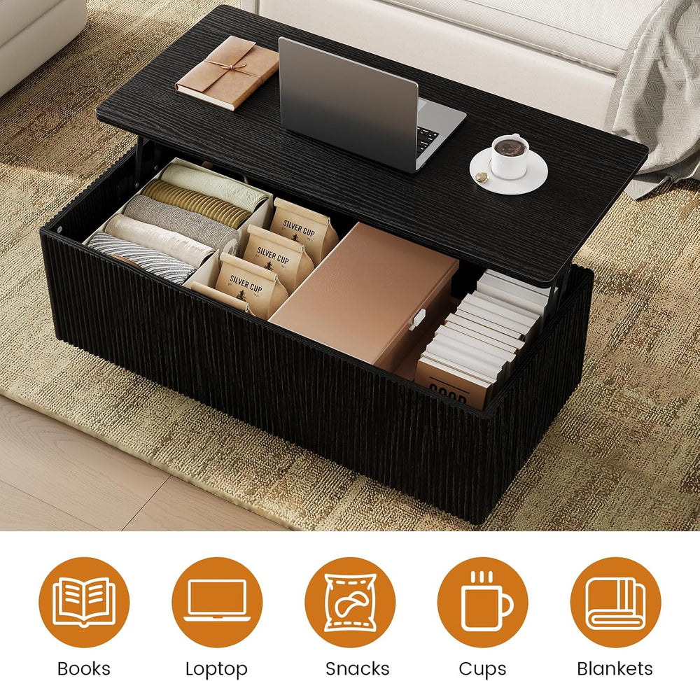 FABATO 41.7'' Fluted Lift Top Coffee Table Large Hidden Storage, Black
