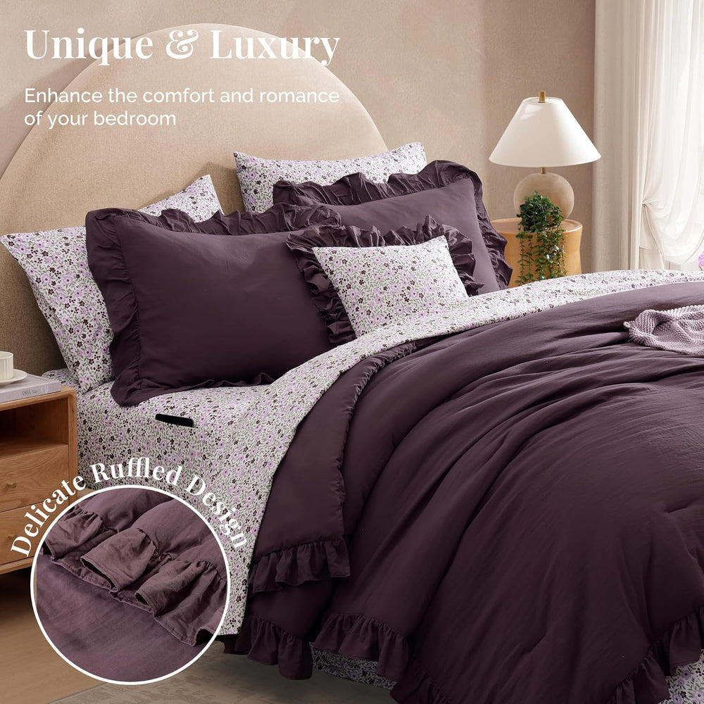 BLOOMHAVEN Full Size Comforter Sets-7 Pieces Ruffle Bedding Floral Sheet