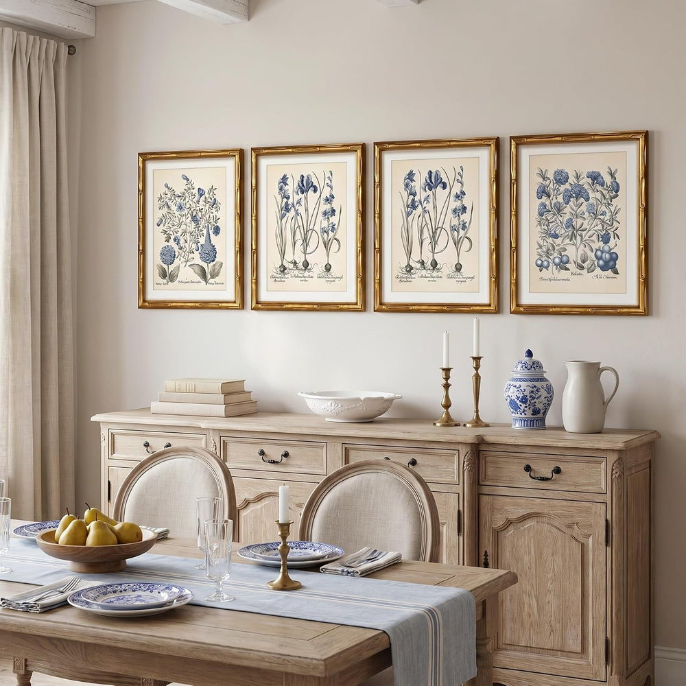 ARPEOTCY Bamboo Framed Botanical Wall Art, 4 Pcs Blue Hydrangea, 11x14inch