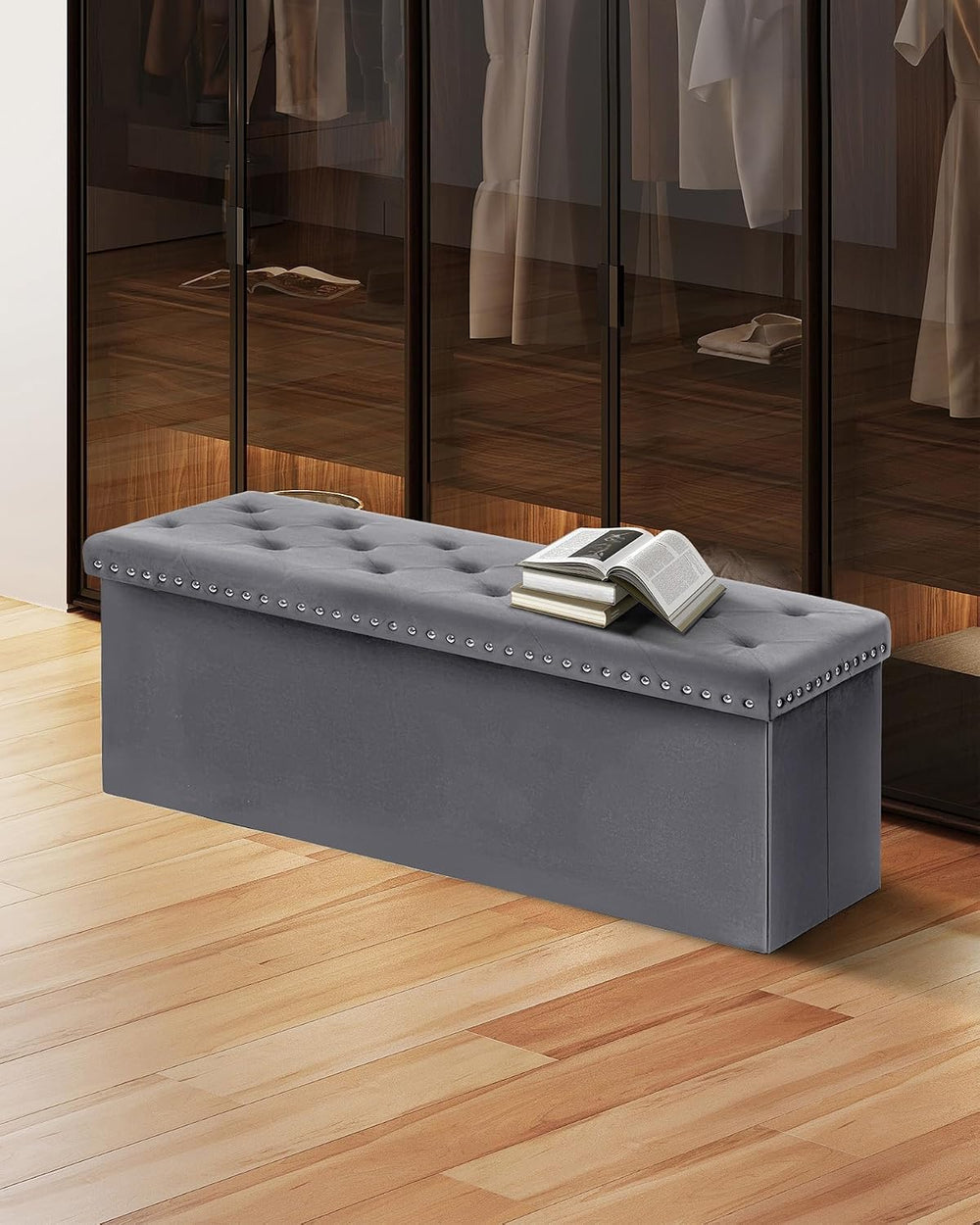 B FSOBEIIALEO Storage Ottoman Bench, 43" Velvet Ottoman with Storage, Grey