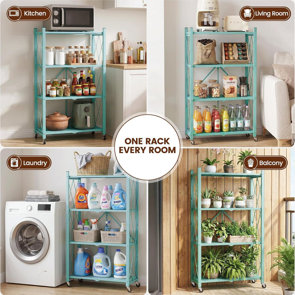 ALANNG 4 Tier Folding Shelf with Wheels, No Assembly Metal Storage Rack