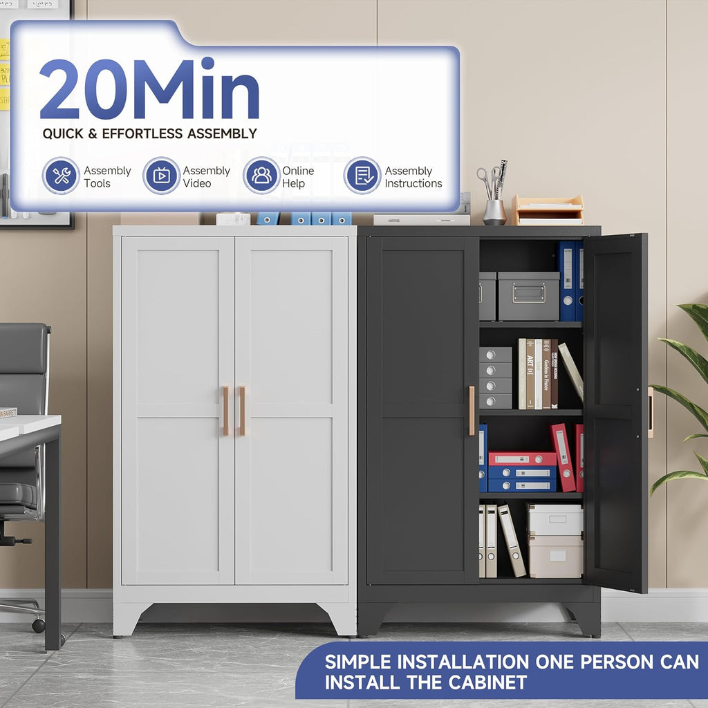 46.06" White Metal Storage Cabinet, 2 Door Adjustable Shelves Freestanding Pantry Cabinet (White, 11.81" D x 23.62" W x 46.06" H)