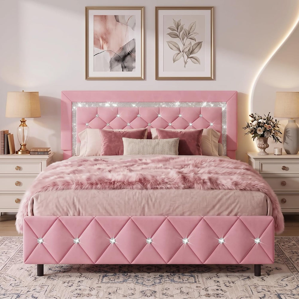 HOMBCK Full Size Bed Frame, Upholstered Platform Bed with Headboard, Pink