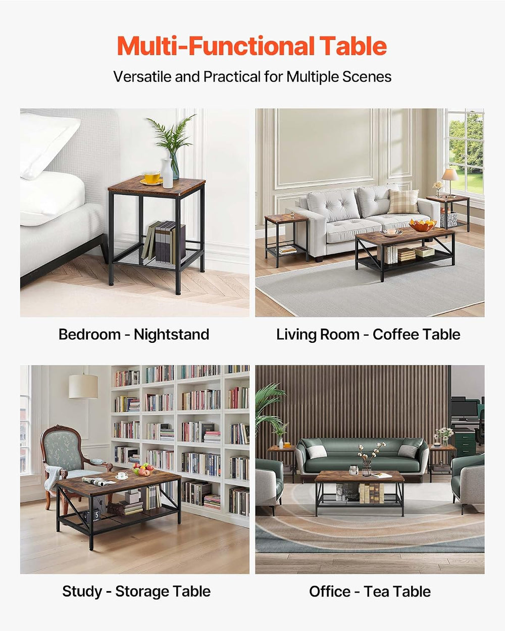 VEVOR 3 Pieces Living Room Table Sets, 41.3 in Industrial Coffee Table with 2...