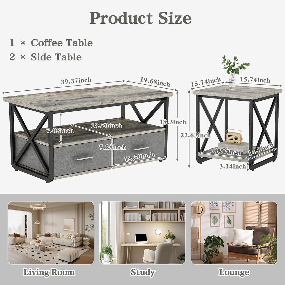 DKLGG 3 Piece Coffee Table Set for Living Room with Fabric Drawers and Storag...