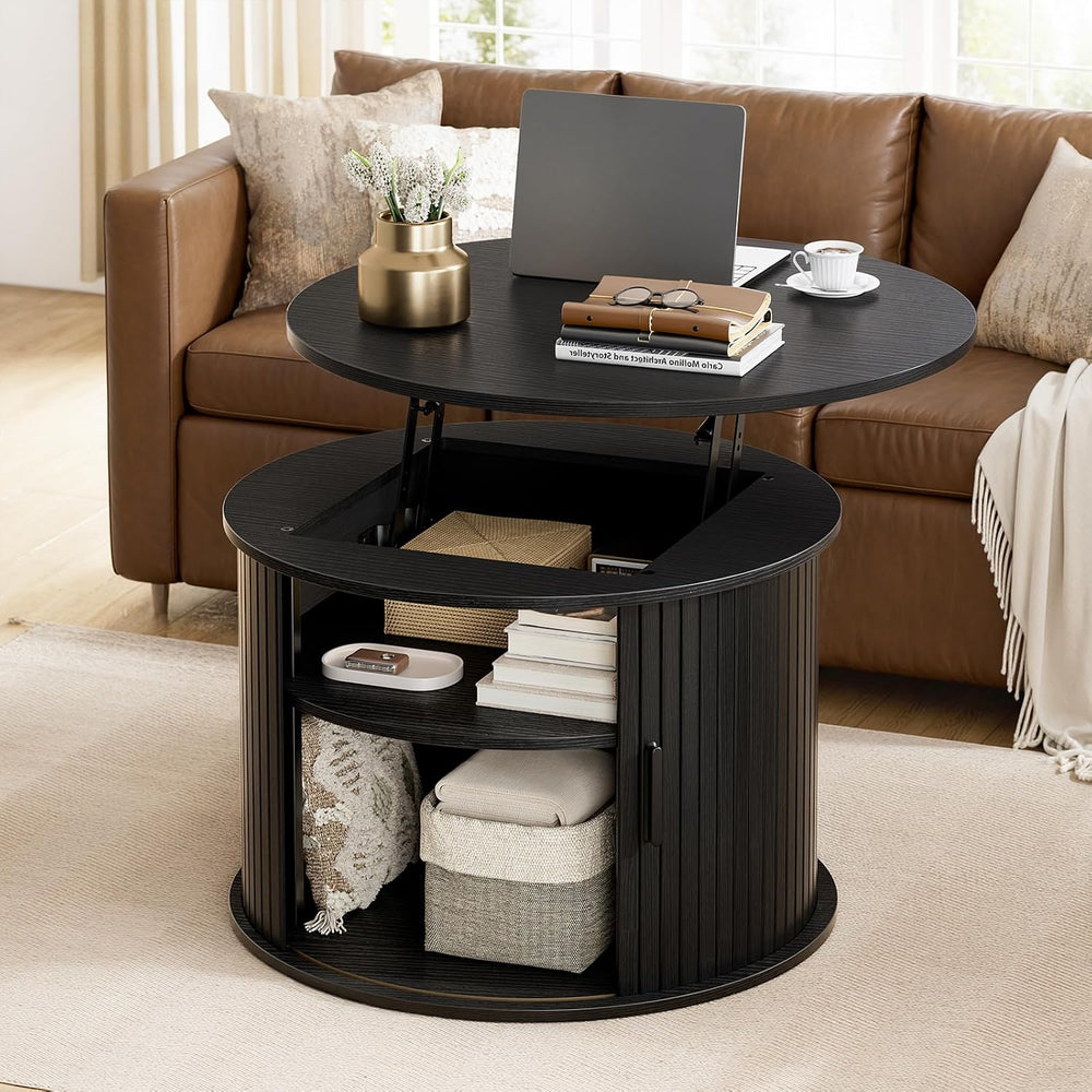 FABATO Round Lift Top Coffee Table Fluted Drum Table Sliding Door, Black