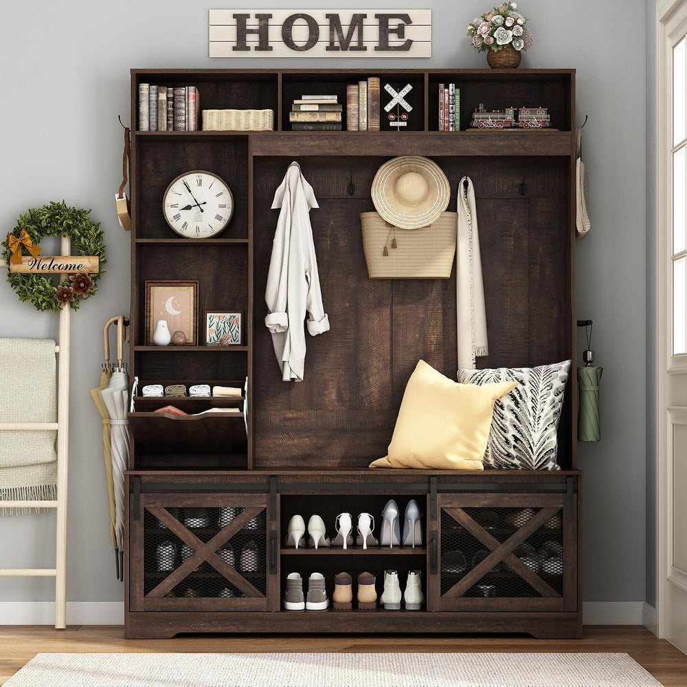 75''H 59''W Large LED Farmhouse Hall Tree with Bench and Shoe...