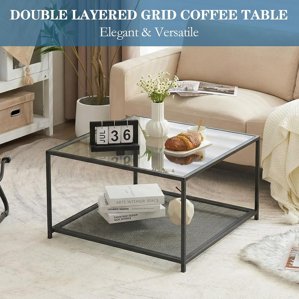 Black Glass Coffee Table, Square Coffee Tables with Storage Shelf, Simple Tea...