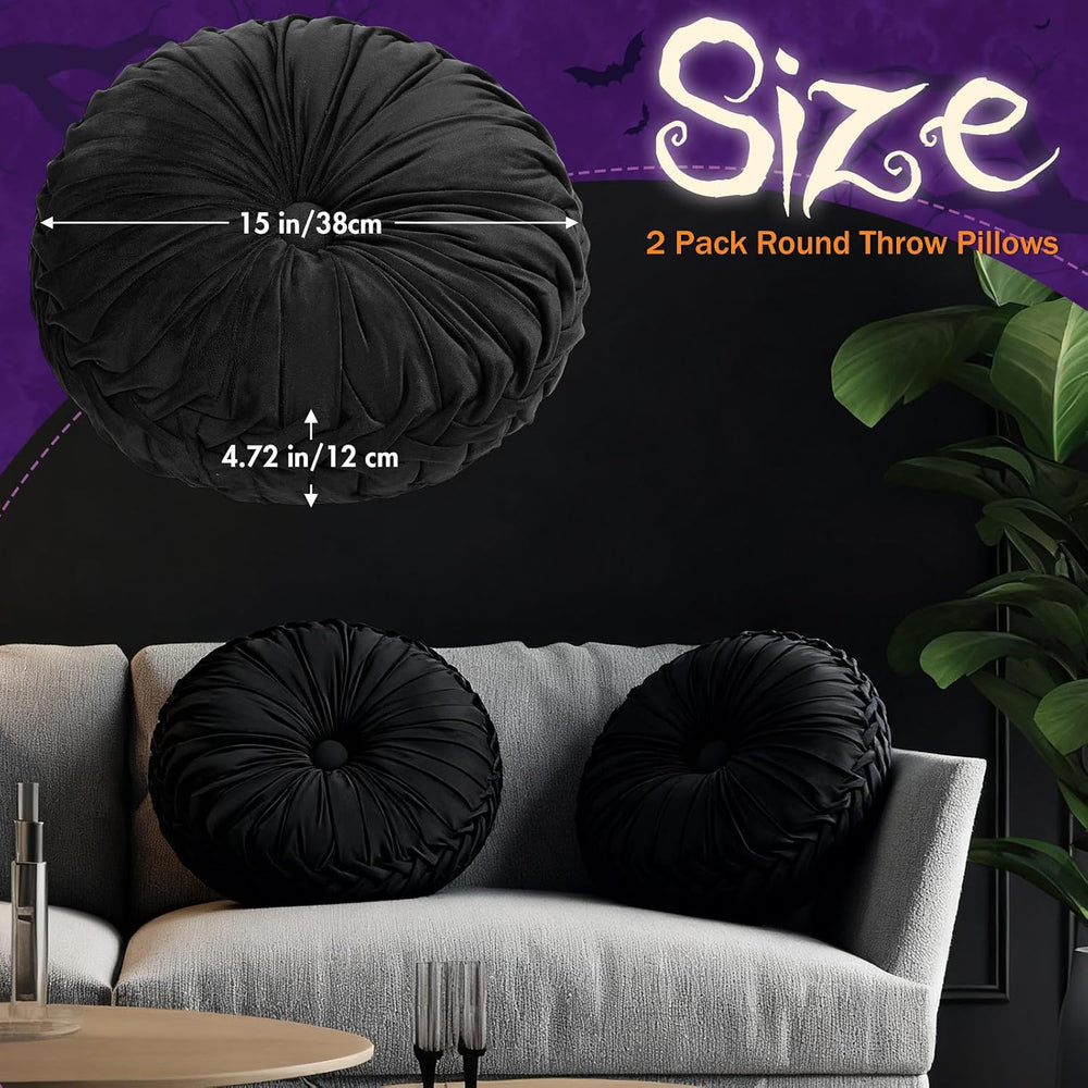 Beeveer 2 Pcs Round Throw Pillows Velvet Pleated Pillows, Black