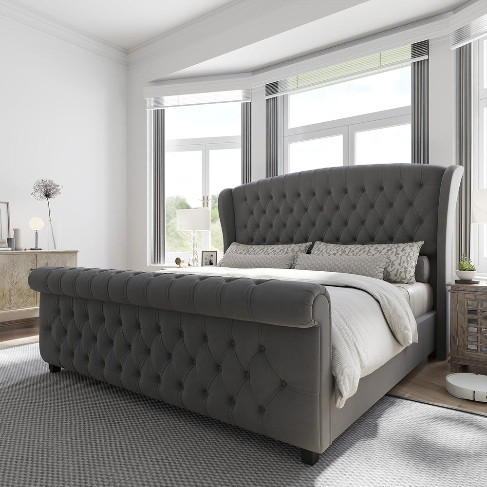 AMERLIFE California King Upholstered Sleigh Bed Frame with Headboard