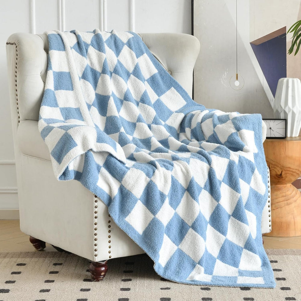 Checkered Throw Blanket for Couch Bed, Blue, Twin 60"x80"